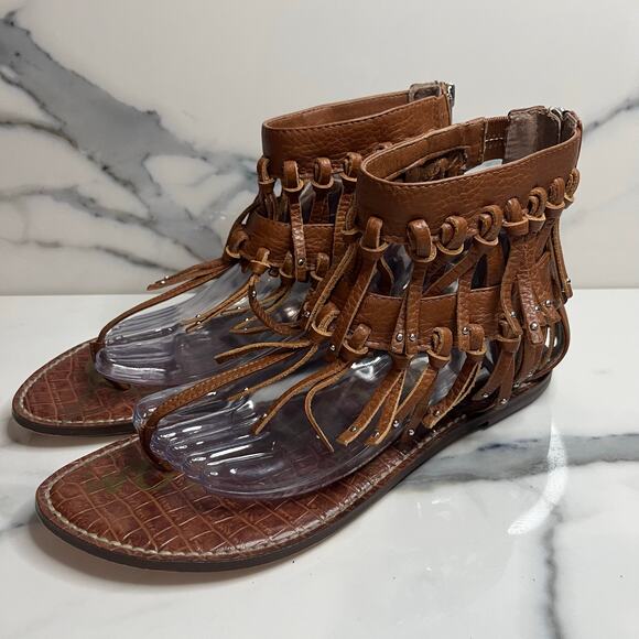 Sam Edelman Women's Brown Leather Griffen Sandals Sz 10 Gladiator Fringe Boho - Picture 3 of 5